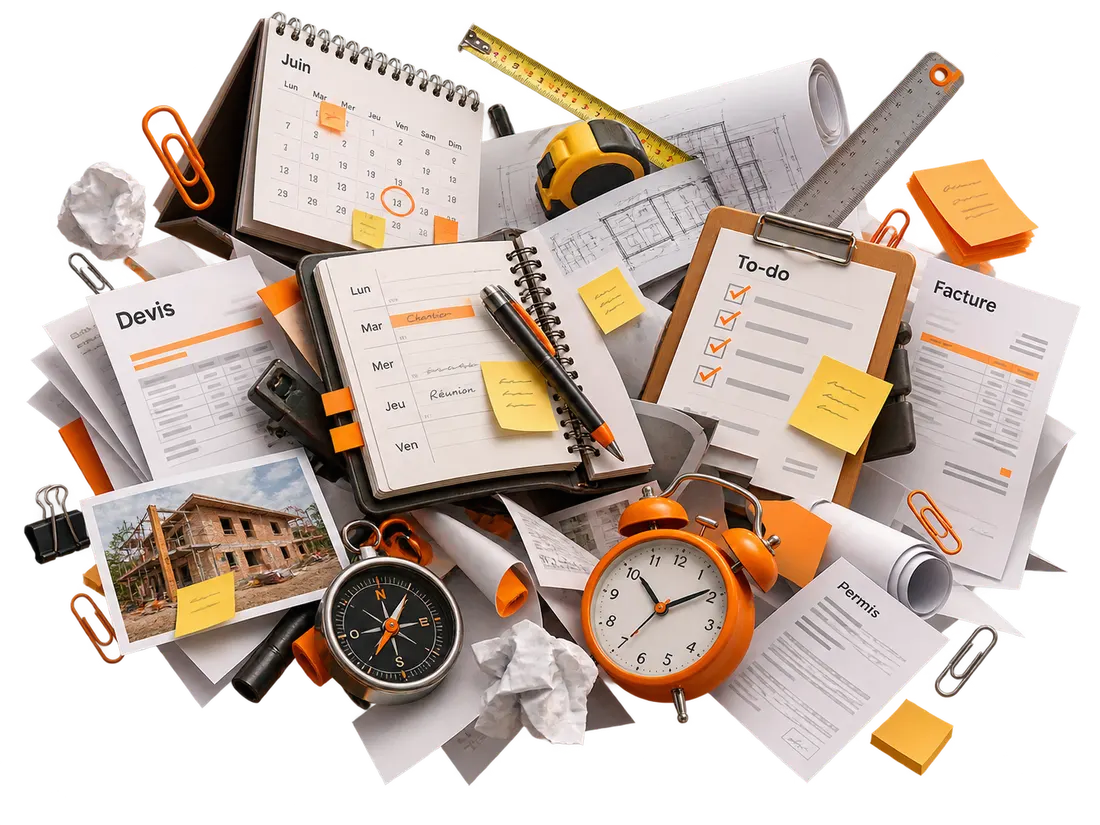 Bureau de chantier encombré : agenda papier, devis, factures, to-do, plans, photos et réveil.